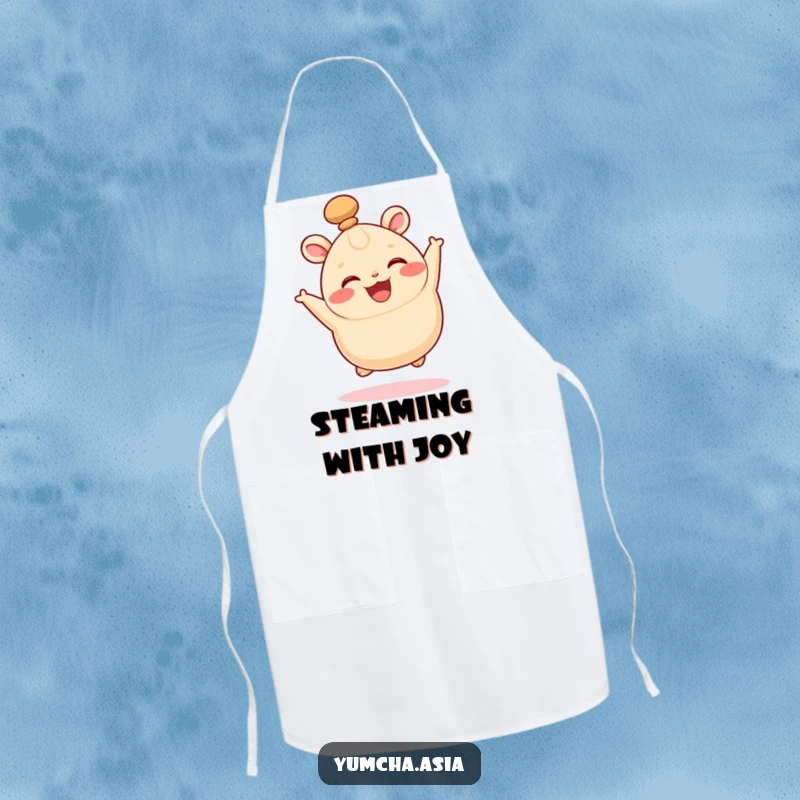 Funny apron adorned with a happy bao bun joyfully leaping, its top knot wiggling with culinary enthusiasm.