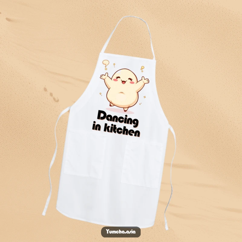 Funny Dancing Dumpling joyfully steaming, functional apron. This humorous kitchen accessory is perfect for passionate cooks.
