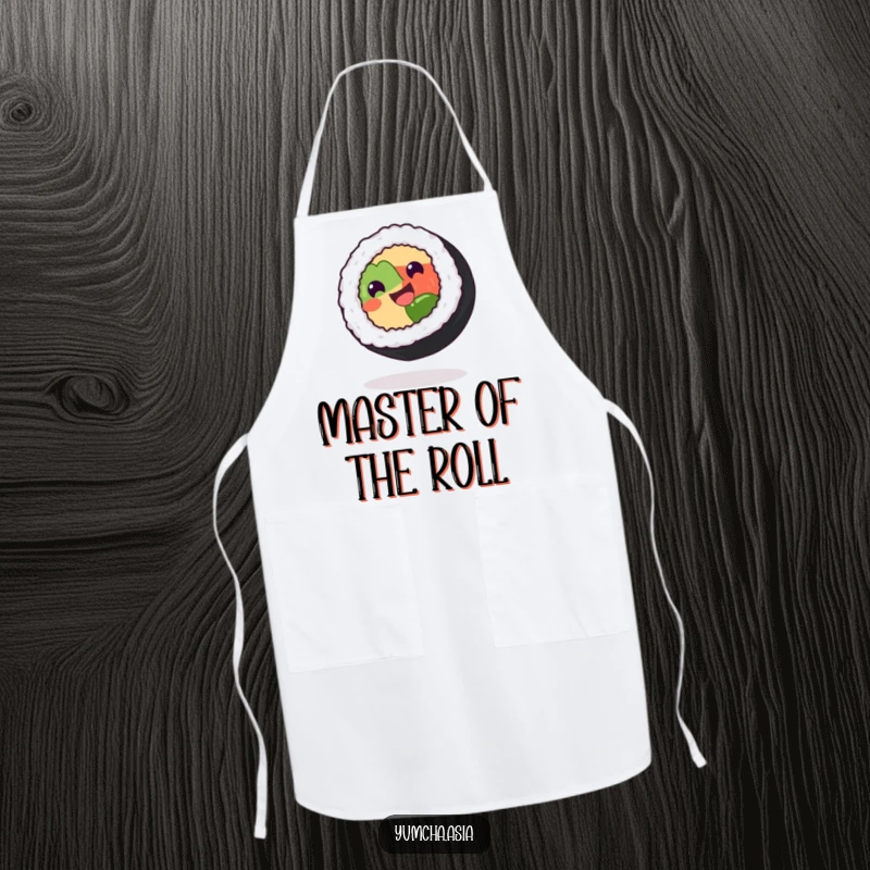 Funny sushi roll apron showing a grinning character spinning with delight on its side, ready for culinary fun.