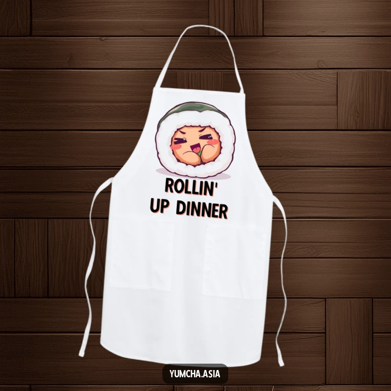 Funny apron showcasing a sushi roll with eyes squinted in a funny expression of playful effort.