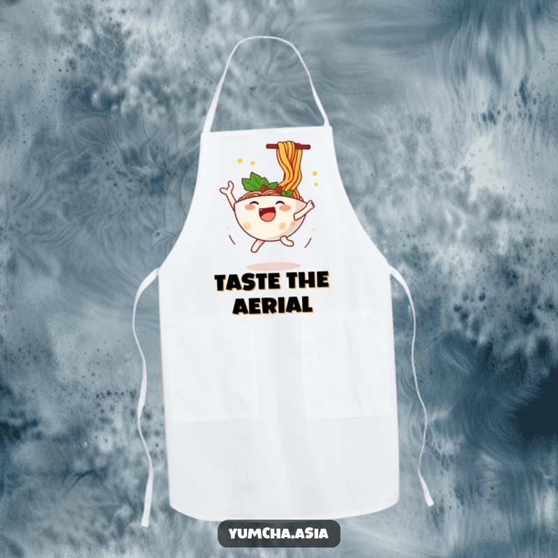 Funny ramen bowl apron showing a happy character leaping with joy, noodles flying dynamically for culinary fun.