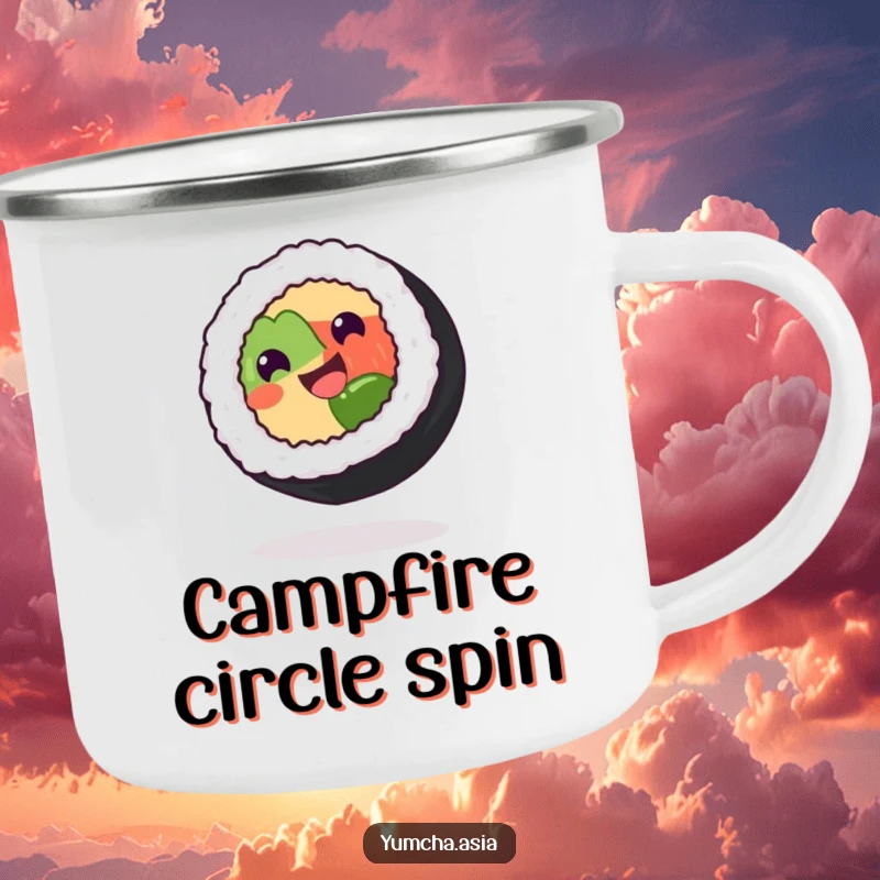 Funny sushi roll camping mug with a grinning character spinning on its side, perfect for rustic charm and outdoor humor.