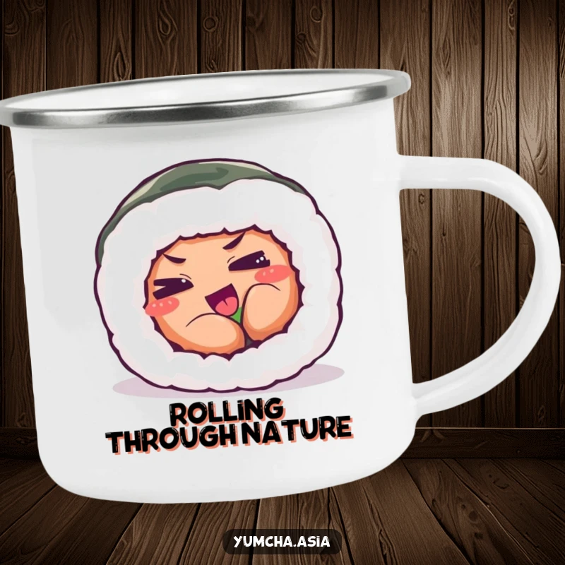 Funny camping mug of a sushi roll with eyes squinted in playful exertion, ready for adventure.