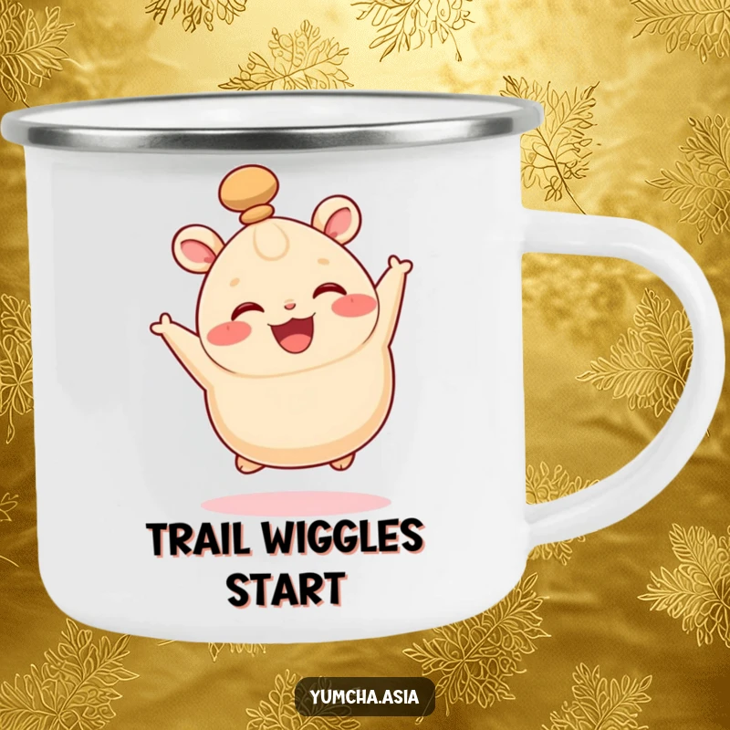 Funny camping mug showcasing a happy bao bun leaping with glee, its top knot wiggling.