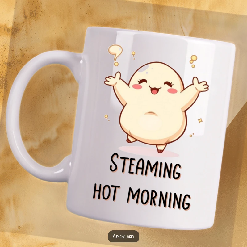 Funny Dancing Dumpling with outstretched arms, happy and steaming. This humorous mug design is full of culinary joy.