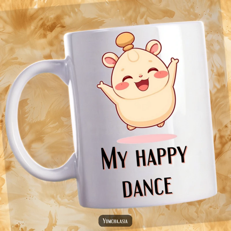 Funny mug featuring a happy bao bun mid-leap, its top knot wiggling with pure delight and infectious joy.