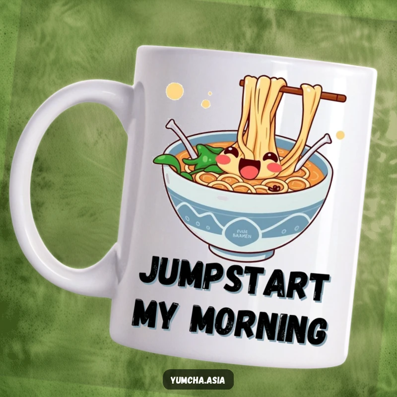 Funny mug showcasing a jubilant bowl of ramen with noodles enthusiastically jumping out.