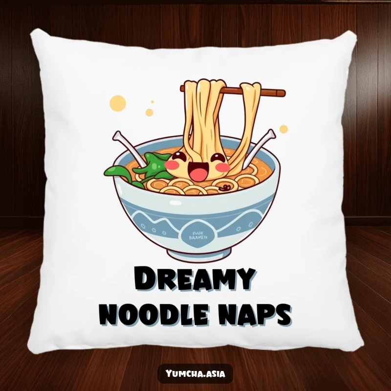 Funny pillow featuring a jubilant ramen bowl with noodles enthusiastically jumping in a playful manner.