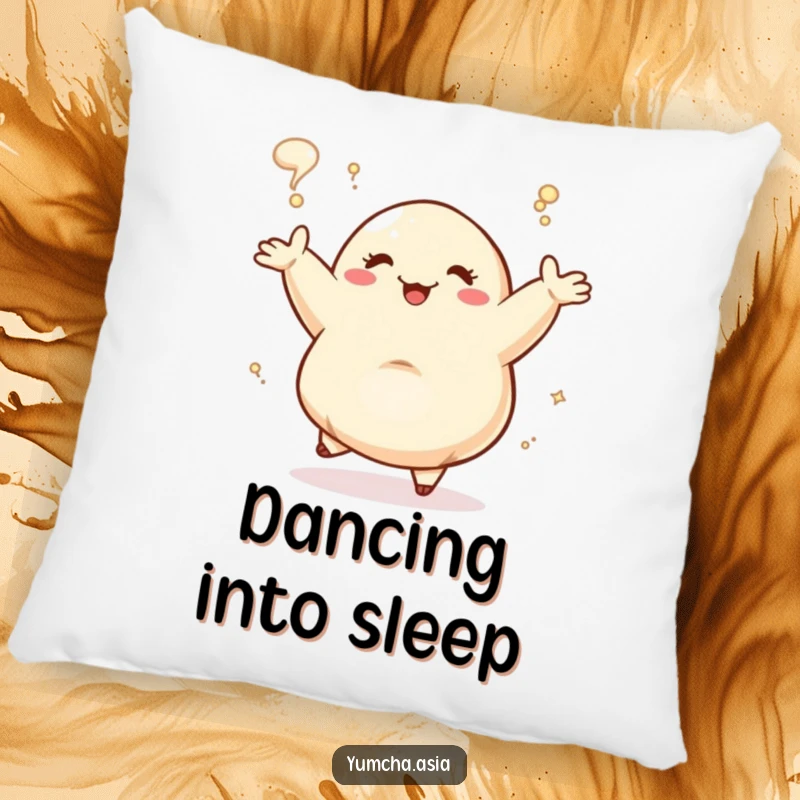 Funny Dancing Dumpling joyfully steaming, plush pillow design. This humorous home accent adds comfort and cheer.