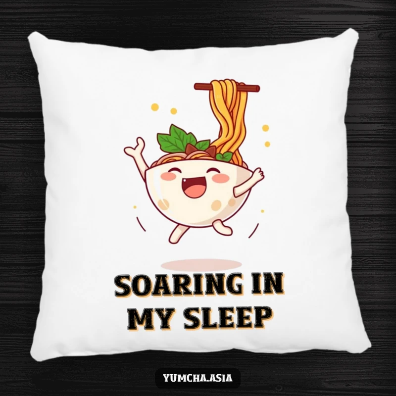 Funny ramen bowl pillow featuring a happy character leaping with joy, surrounded by flying noodles, adding whimsy to any couch.