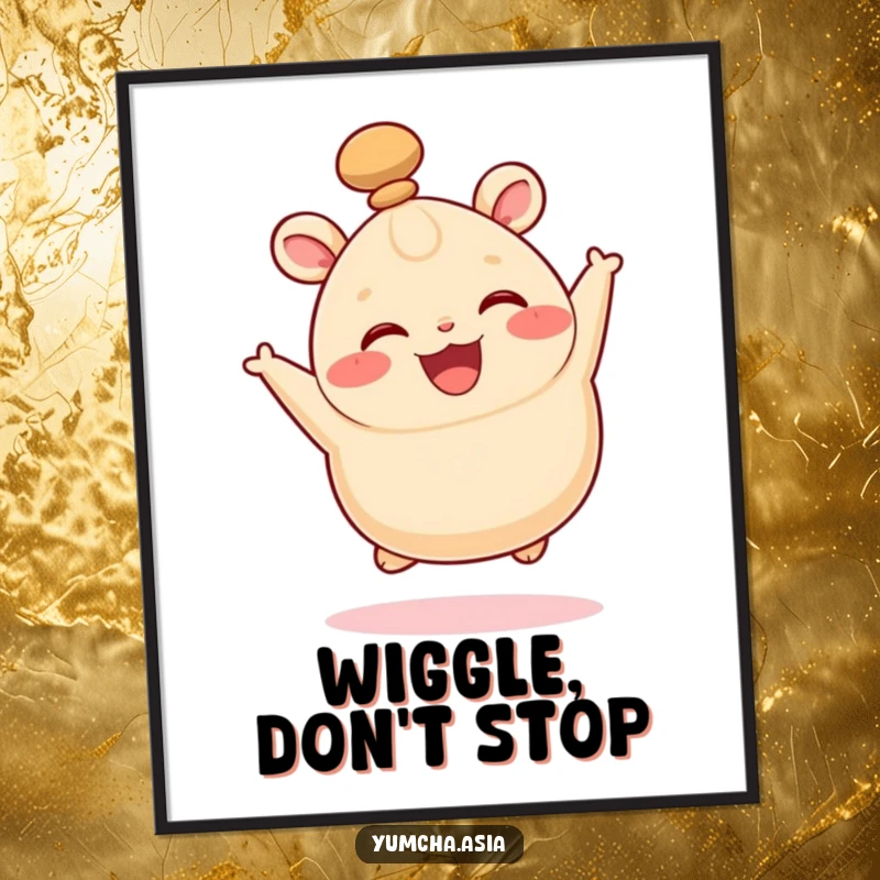 Funny digital art of a happy bao bun leaping with exuberant joy, its top knot wiggling energetically.