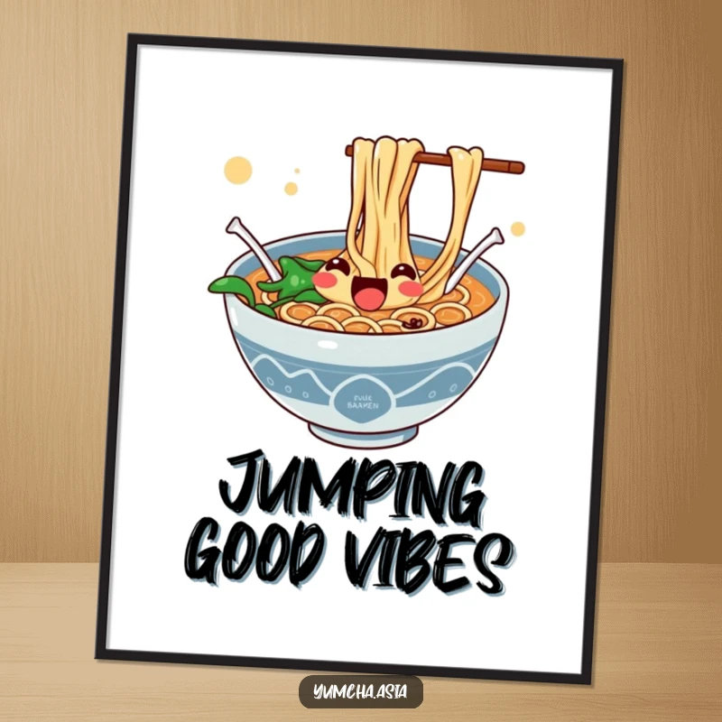 Funny digital art of a jubilant ramen bowl with noodles enthusiastically jumping with pure, unbridled joy.