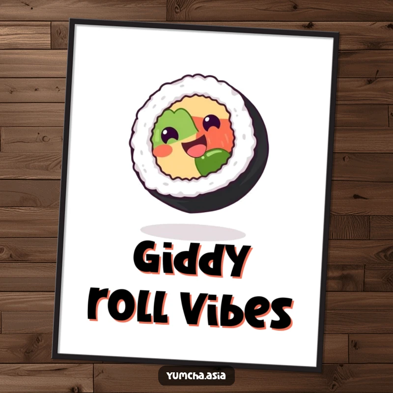 Funny sushi roll digital art print of a grinning character spinning with delight, a cheerful and humorous piece for any room.