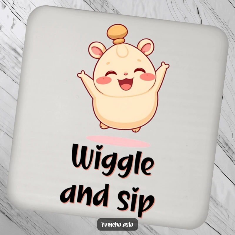 Funny coaster featuring a happy bao bun leaping with joy, its top knot wiggling.