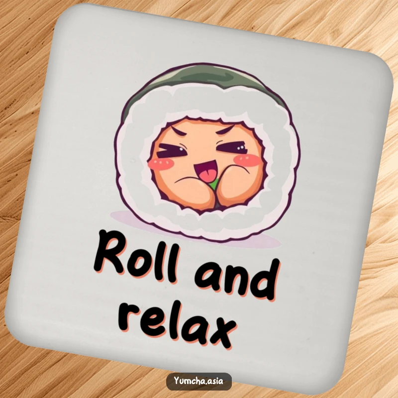 Funny coaster featuring a sushi roll with eyes squinted in a comical expression of playful exertion.