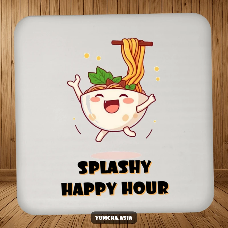 Funny ramen bowl coaster featuring a happy character leaping with joy, noodles flying dynamically, adding playfulness to any table.