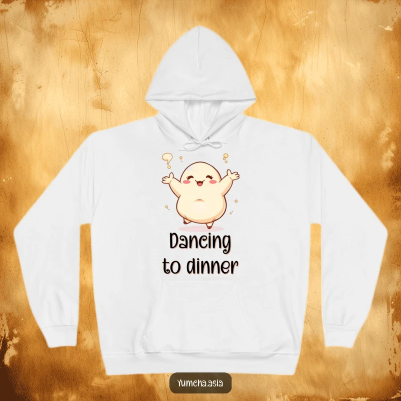 Funny Dancing Dumpling joyfully steaming, cozy hoodie design. This humorous apparel is perfect for comfort and cheer.