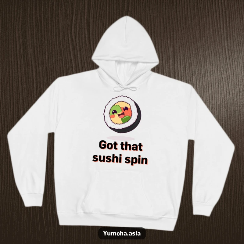 Funny sushi roll hoodie featuring a grinning character spinning delightfully on its side in a whimsical sushi art design.