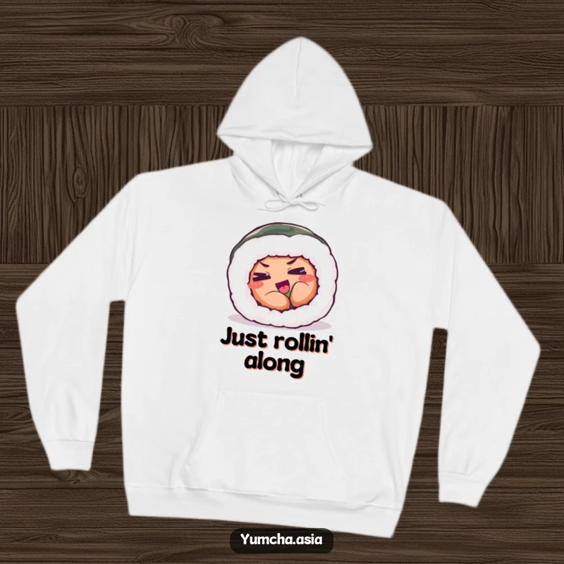 Funny hoodie featuring a sushi roll with eyes squinted in a funny, playful exertion pose.