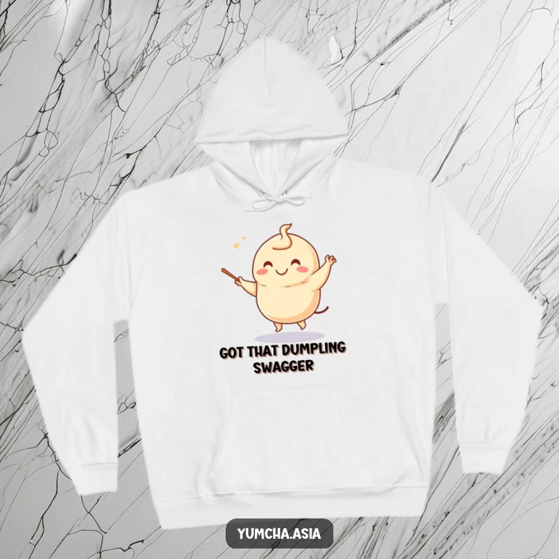 Funny dumpling hoodie featuring a happy character dancing with chopsticks, artfully mimicking baton twirling for ultimate comedic effect.