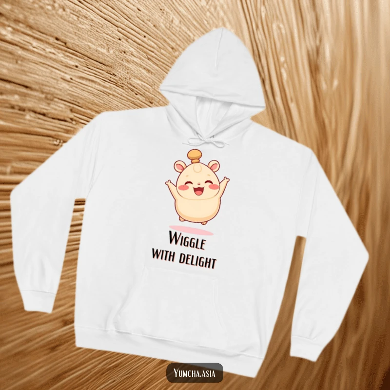 Funny hoodie featuring a happy bao bun leaping with delight, its top knot wiggling adorably.