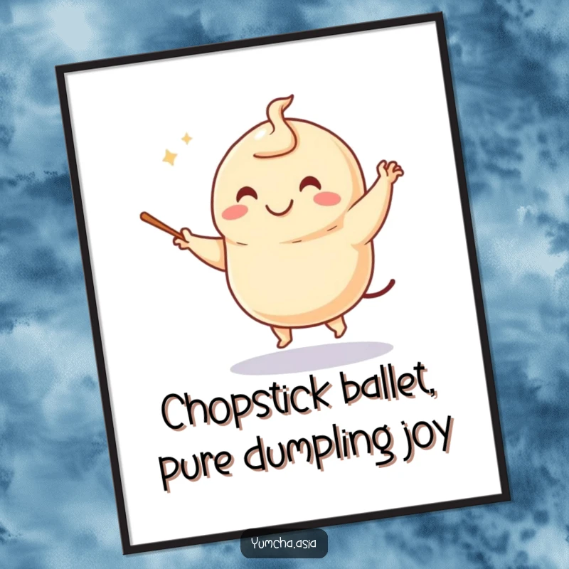 Funny Free Printable Dumpling Wall Art: A smiling dumpling dances energetically with chopsticks, bringing joy to decor.