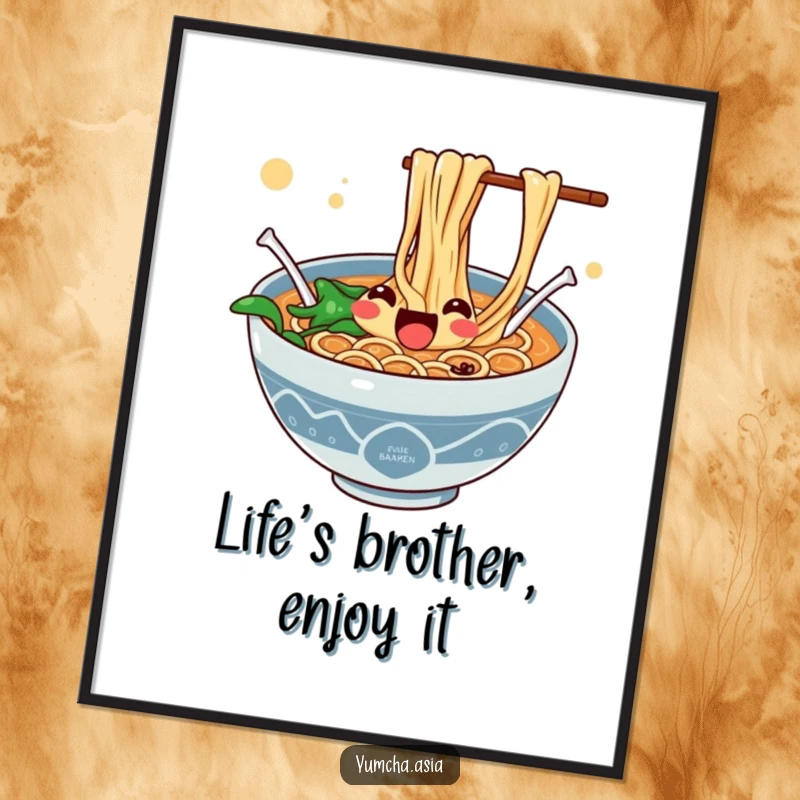 Funny Free Printable Wall Art of a ramen bowl with noodles jumping enthusiastically, radiating warmth and joy.