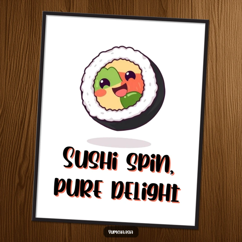 Funny Free Printable Sushi Wall Art: A grinning sushi roll spins with delight, adding a playful touch to decor.