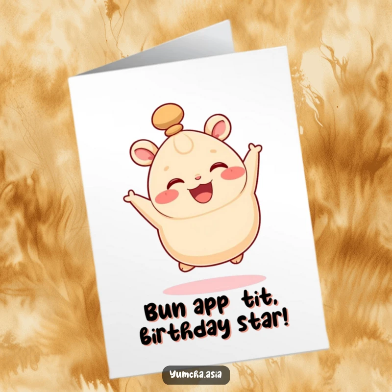 Funny Free Printable Birthday Card featuring a joyful bao bun leaping with a wiggling top knot, ready to celebrate.