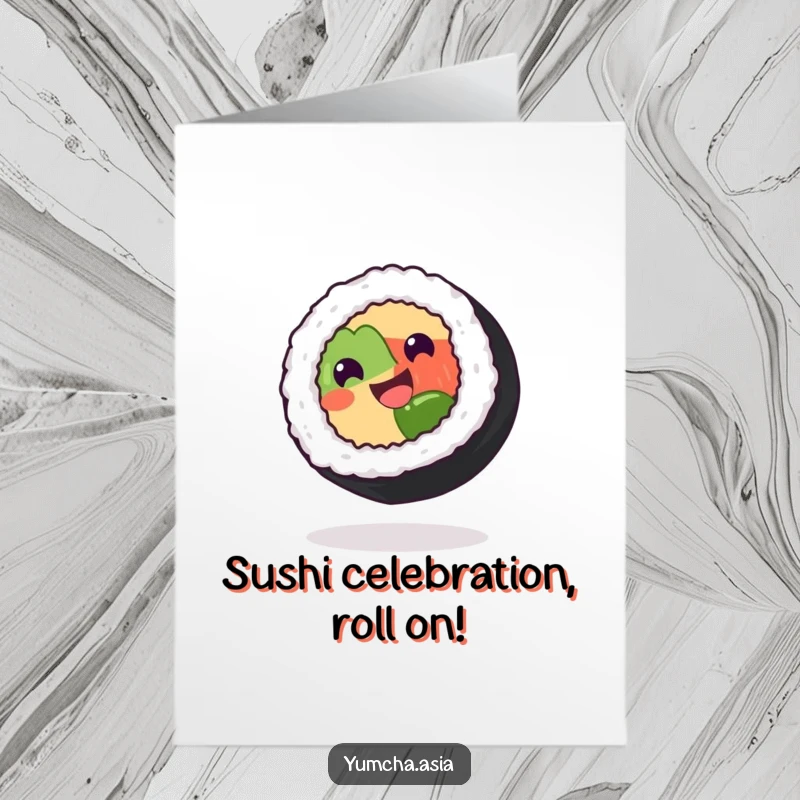 Funny Free Printable Sushi Birthday Card: A grinning sushi roll spins with delight, celebrating a birthday.