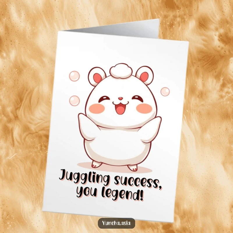 Funny Free Printable Bao Bun Congratulations Card: A happy bao bun juggles pearls, signifying a brilliant achievement.
