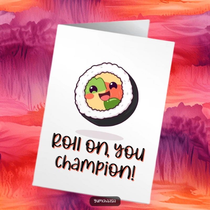 Funny Free Printable Sushi Congratulations Card: A happy sushi roll spins joyfully, signifying a fantastic achievement.
