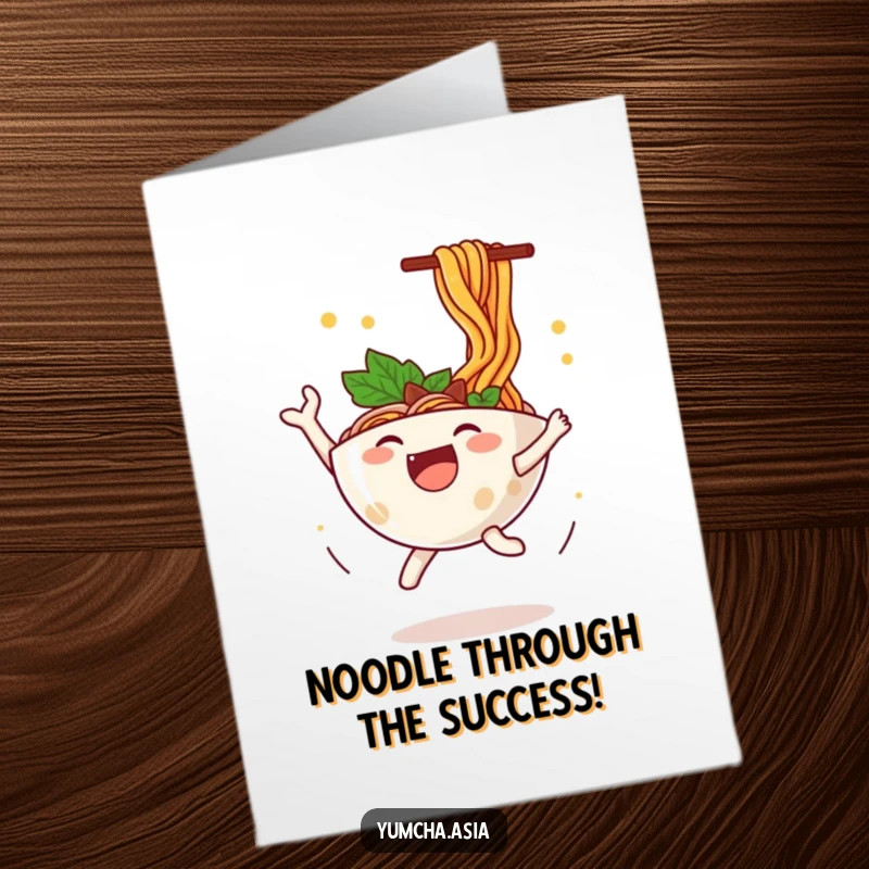 Funny Free Printable Ramen Congratulations Card: A happy ramen bowl leaps high, noodles flying to signify achievement.