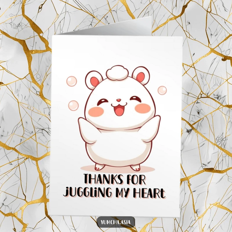Funny Free Printable Bao Bun Thank You Card: A cheerful bao bun juggles pearls, showing appreciation with flair.