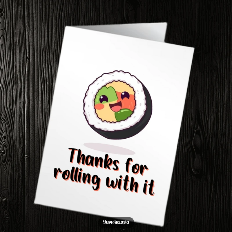 Funny Free Printable Sushi Thank You Card: A grinning sushi roll spins with delight, showing genuine gratitude.