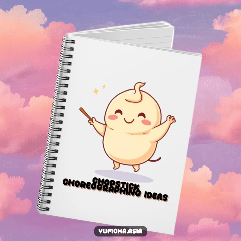 Funny dumpling notebook showing a smiling character dancing energetically, using chopsticks like tiny batons for notes.