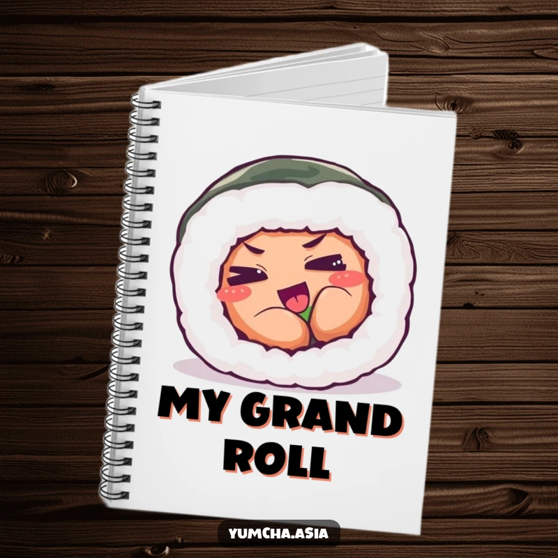 Funny notebook cover featuring a sushi roll with eyes squinted in a comical, playful exertion.