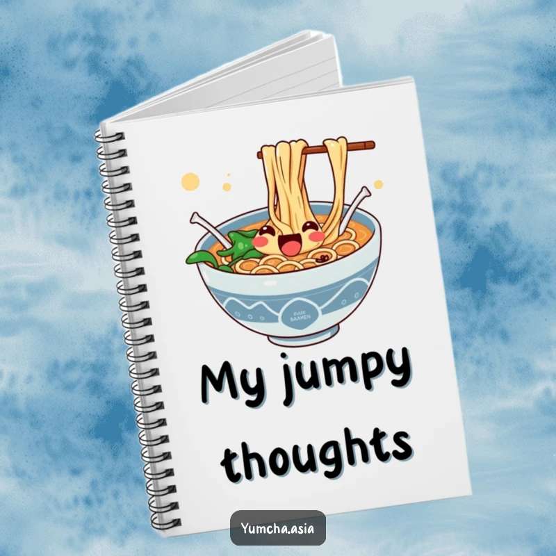 Funny notebook cover featuring a jubilant ramen bowl with noodles enthusiastically jumping.