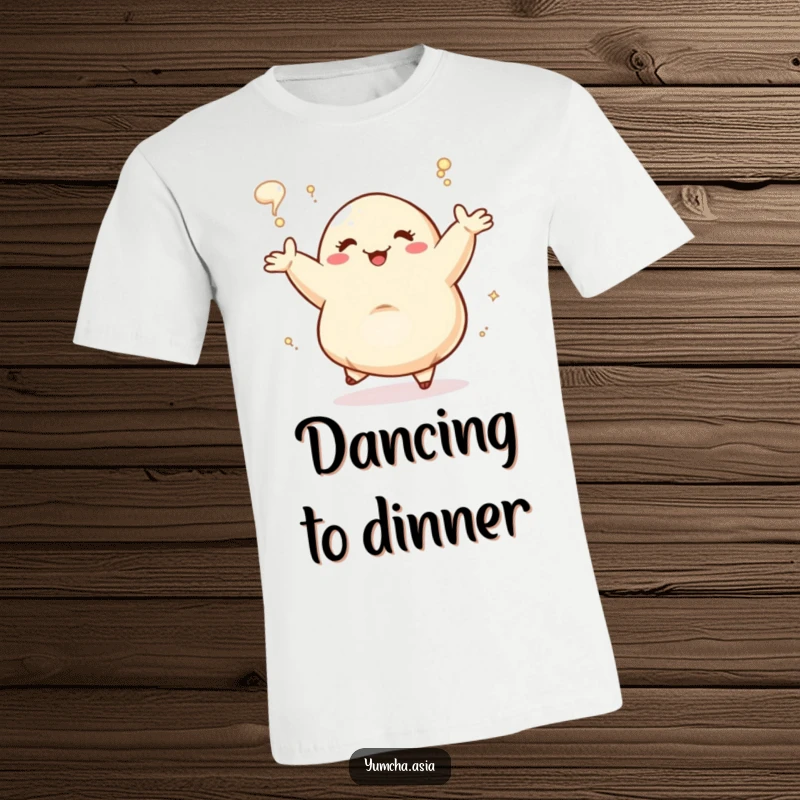 Funny Dancing Dumpling joyful and steaming, vibrant t-shirt design. This humorous apparel is perfect for food lovers.