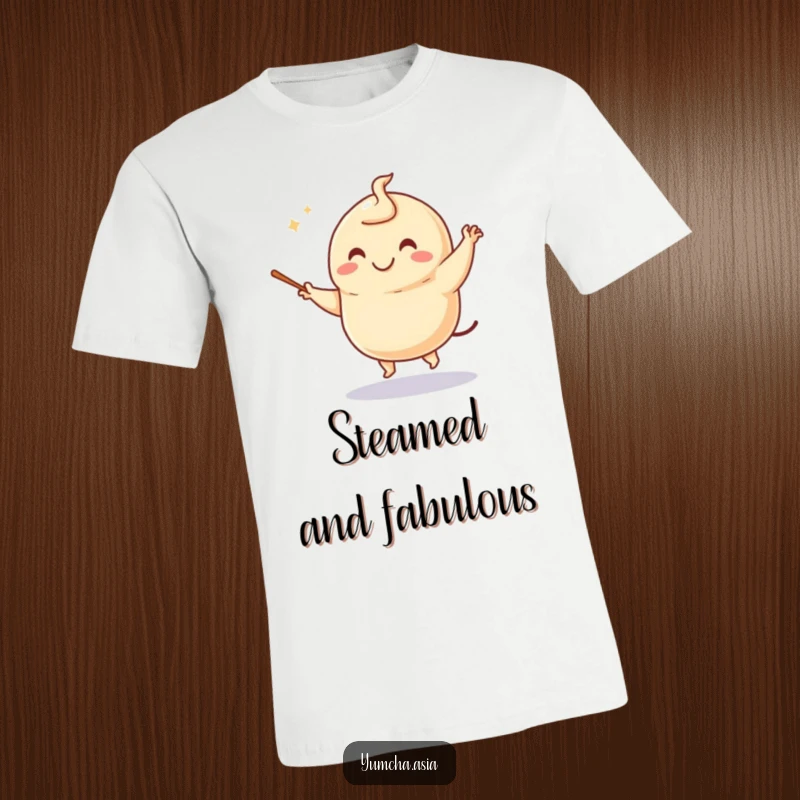 Funny dumpling t-shirt showcasing a smiling dumpling character energetically dancing, expertly twirling chopsticks like miniature batons.