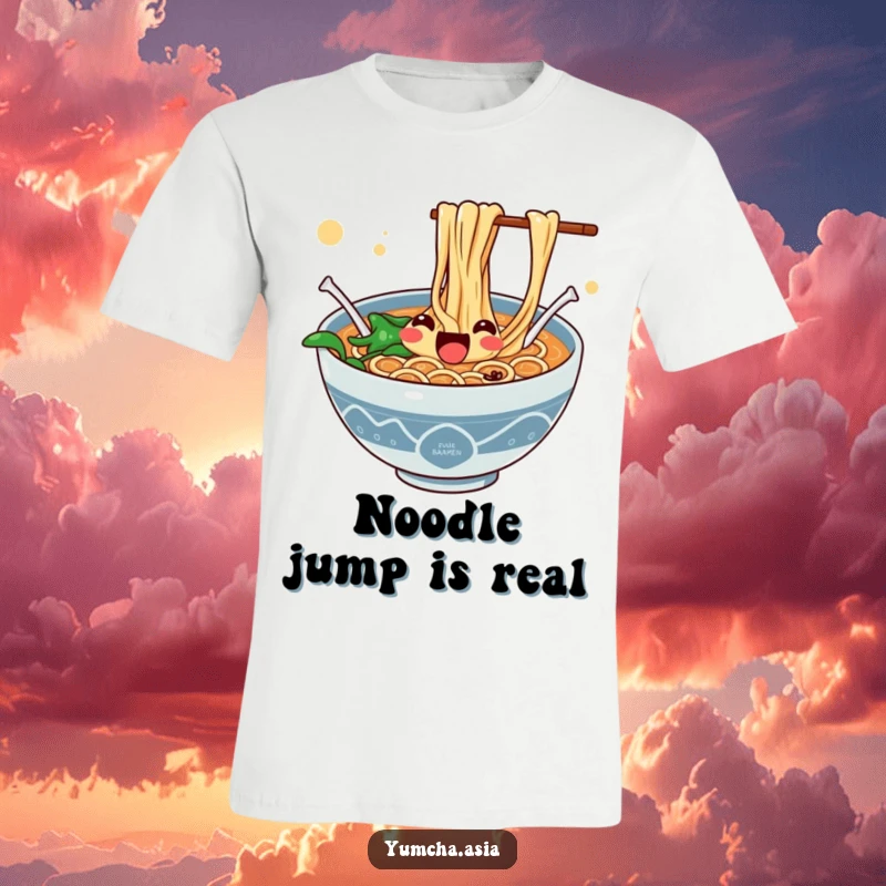 Funny t-shirt with a jubilant ramen bowl and noodles energetically jumping with delight.