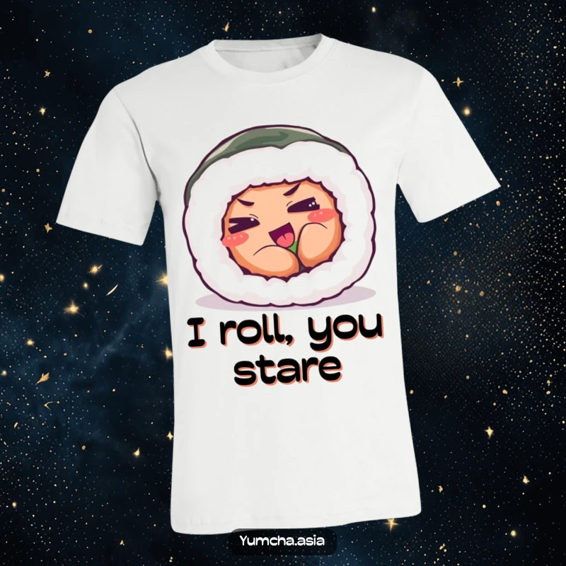 Funny t-shirt depicting a sushi roll mid-roll, eyes squinted in a comical show of playful exertion.