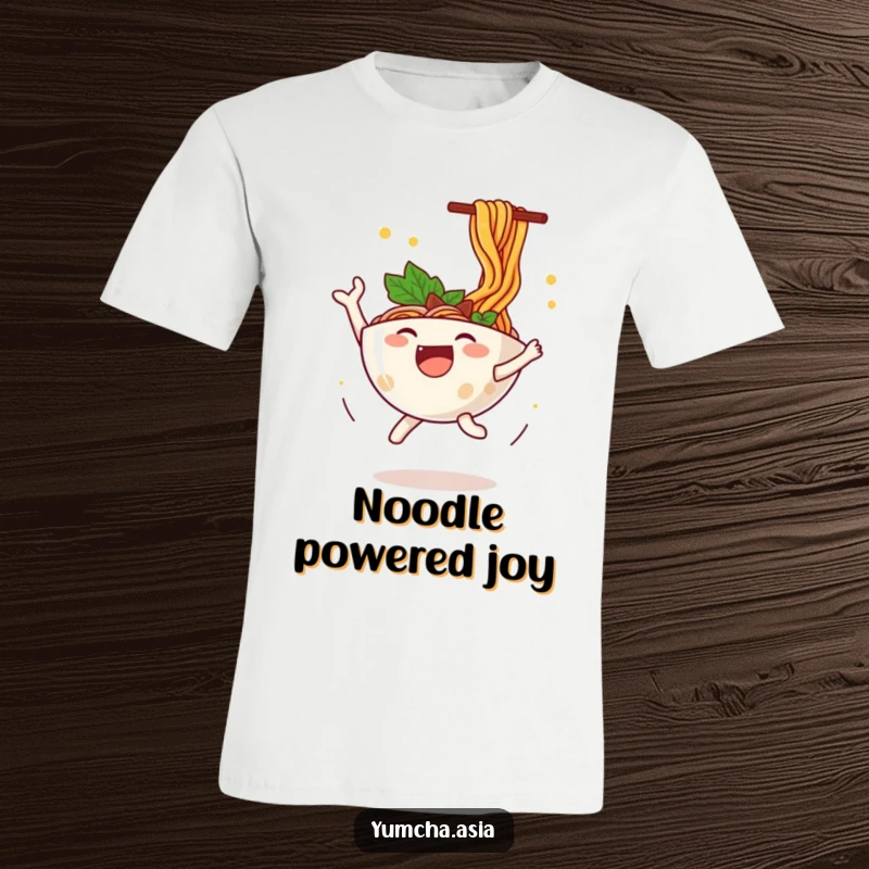 Funny ramen bowl t-shirt depicting a happy character in mid-leap, with noodles energetically flying, conveying pure joy.