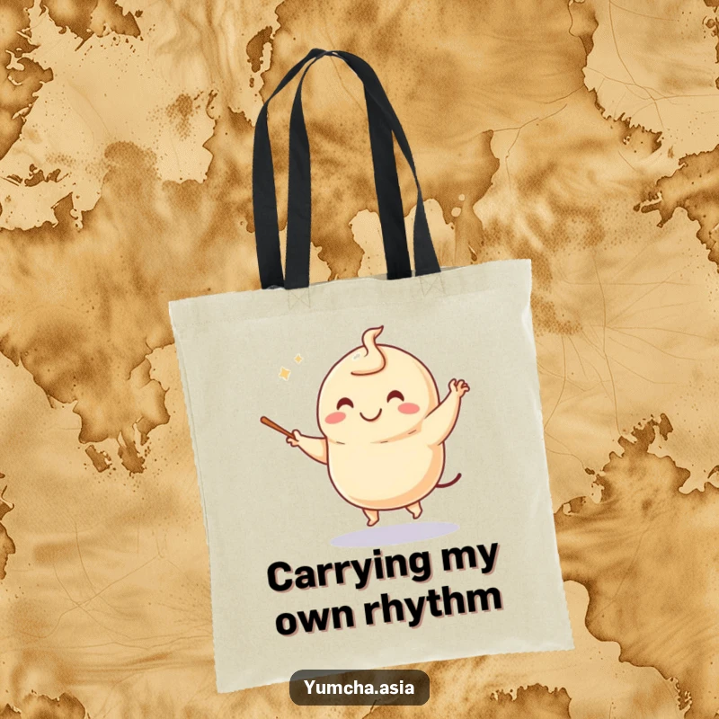 Funny dumpling tote bag with a smiling, dancing character using chopsticks in a playful, balletic pose, ready for errands.