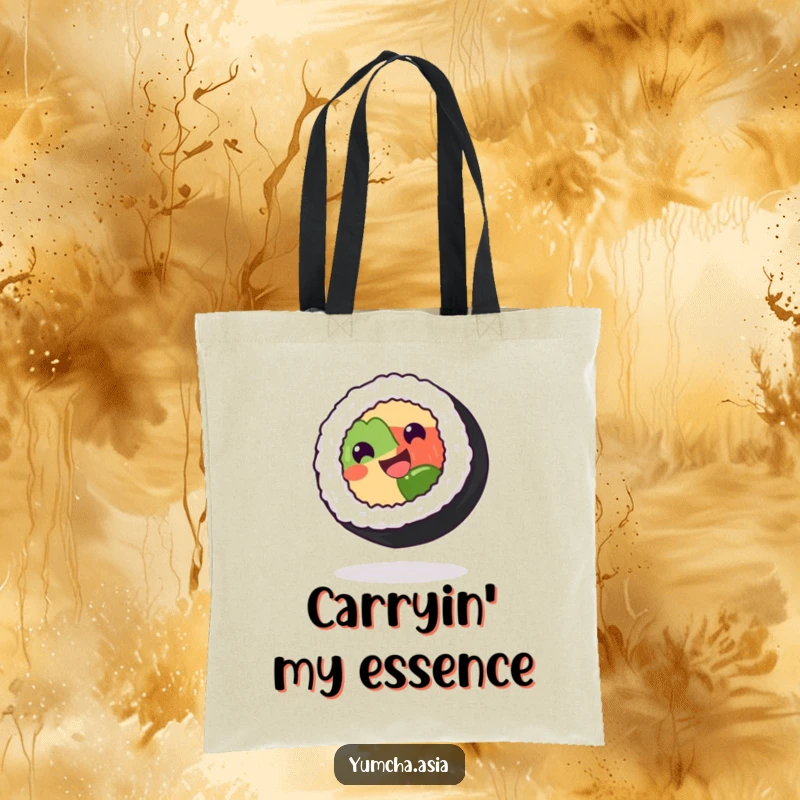 Funny sushi roll tote bag with a grinning character performing a delightful spin on its side, perfect for carrying essentials.